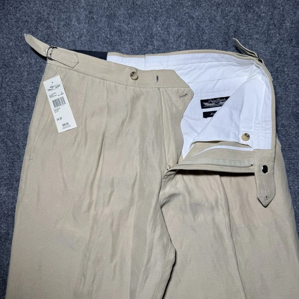 Palm Beach Collections Silk & Linen Trouser Pants Beige Pleated Men 34x29 NWT